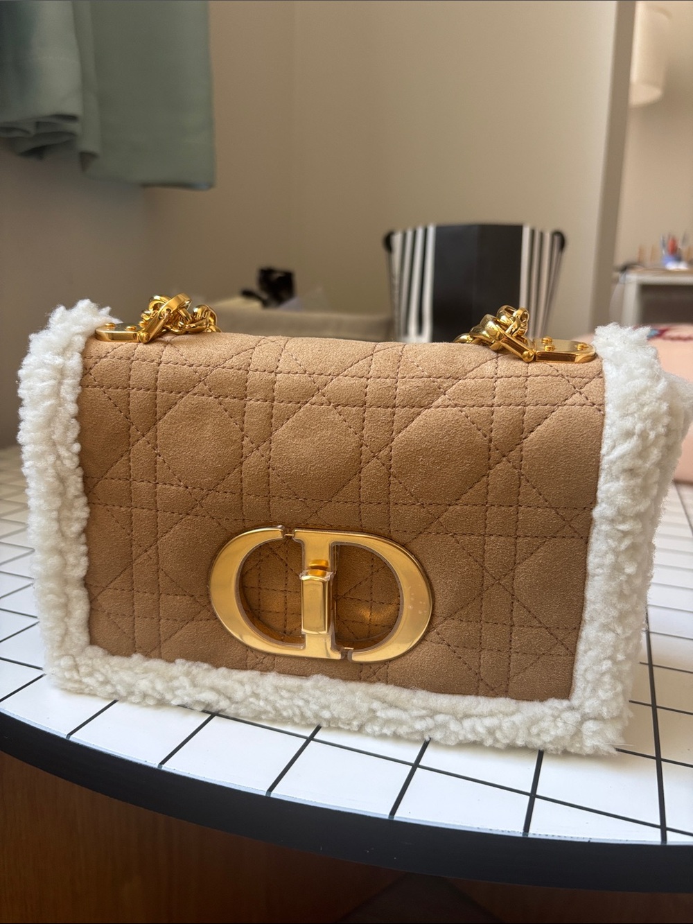 Dior Tan Quilted Crossbody with White Shearling Trim